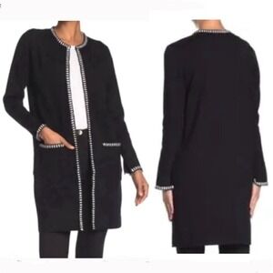Sz S- Magaschoni Black Knit White Trim Long Open Cardigan Jacket Split Cuffs